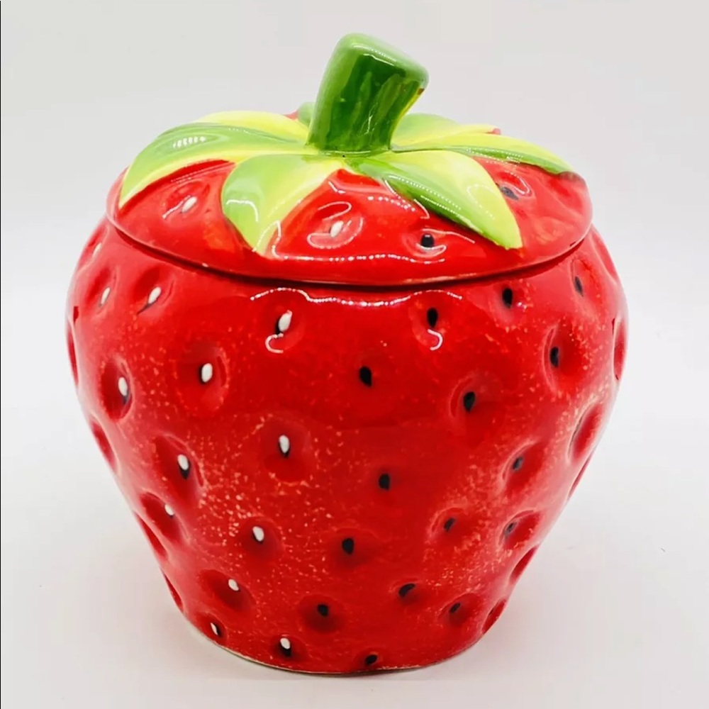 Rare Pier 1 One Imports Strawberry Jam Jar Canister Seeds And Leaf Top